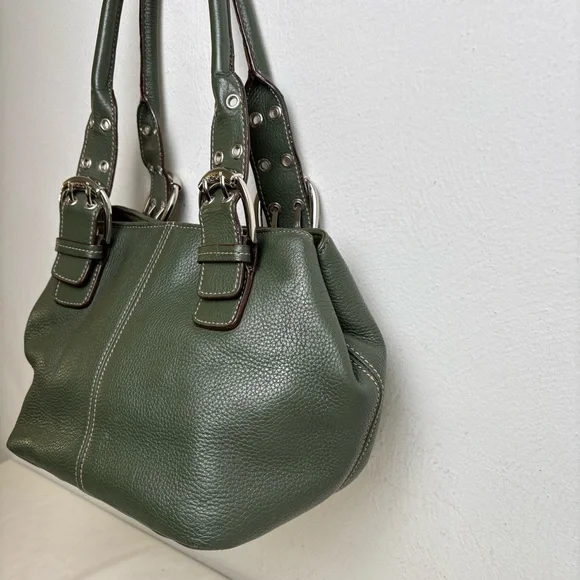 TIGNANELLO Dark Green Leather Satchel Silver Buckles Y2K - Picture 5 of 16